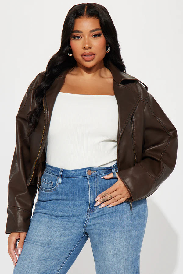 "Check The Deets Faux Leather Moto Jacket - Brown"