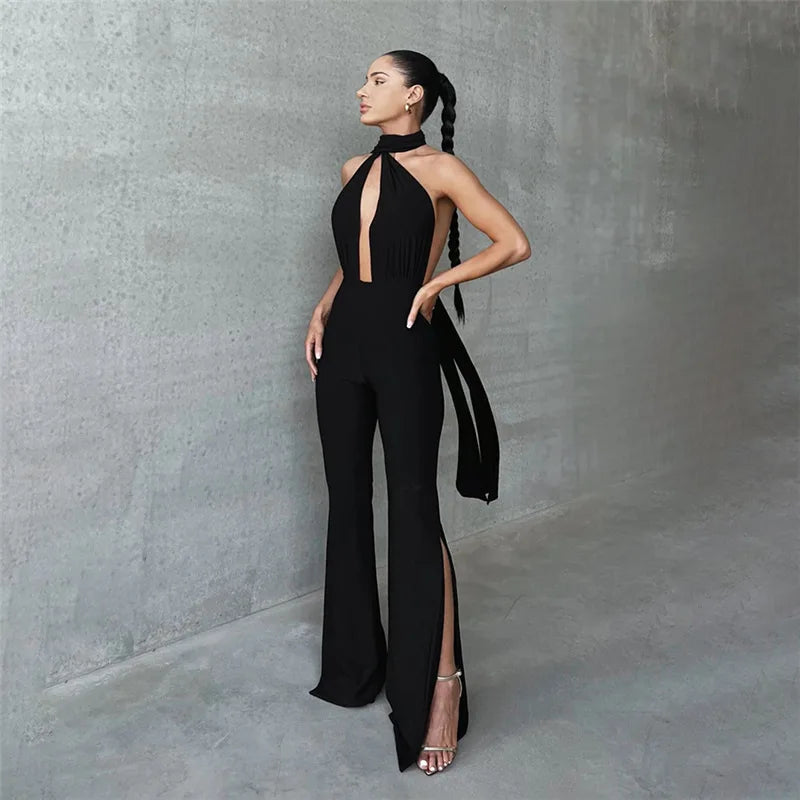 DEEP V WRAP AROUND HALTER JUMPSUIT