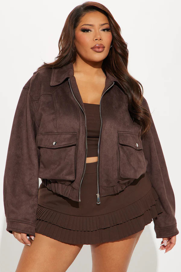 Delilah Washed Faux Suede Bomber Jacket - Chocolate
