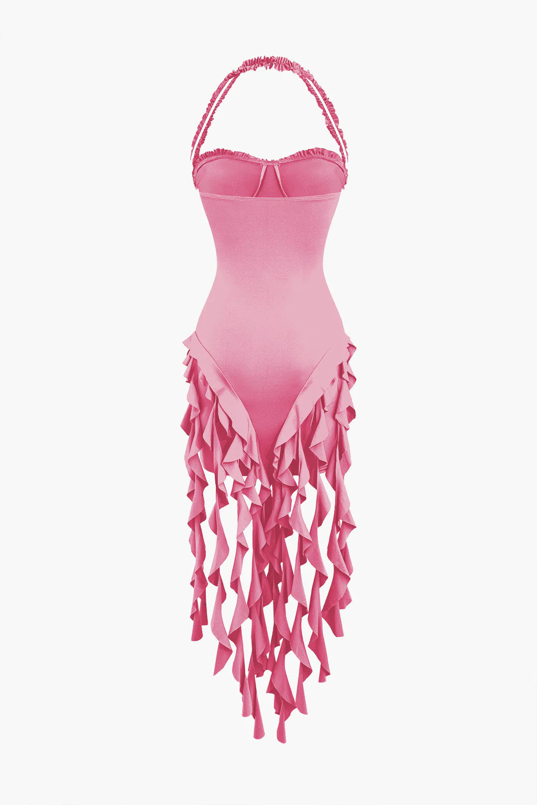 IRREGULAR RUFFLE TASSEL HALTER BUSTIER MINI DRESS