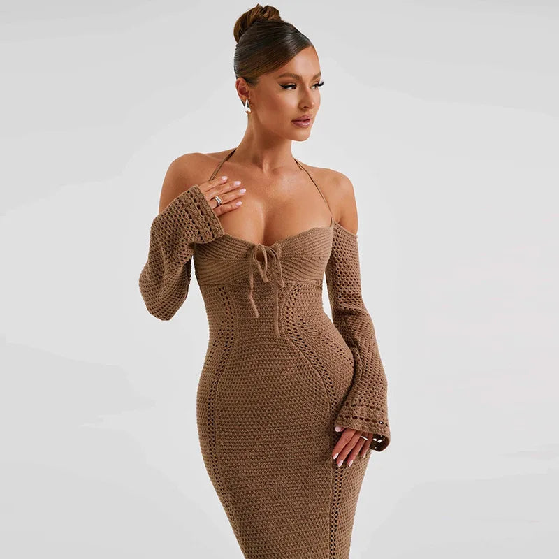OFF SHOULDER HALTER KNIT DRESS
