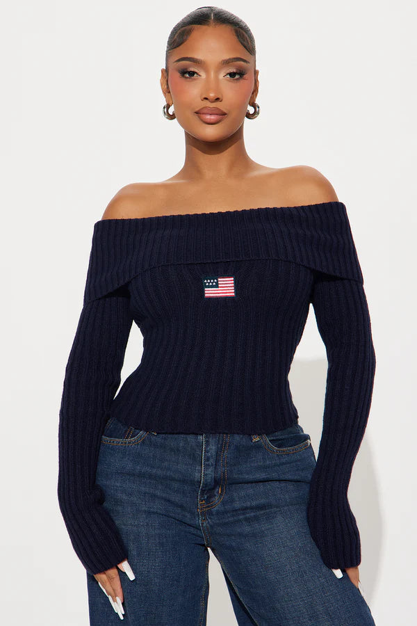 Patriotic Off Shoulder Sweater - Navy
