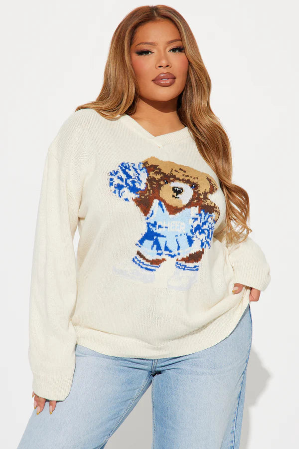 Teddy Bear Cheerleader Sweater - Ivory/Combo