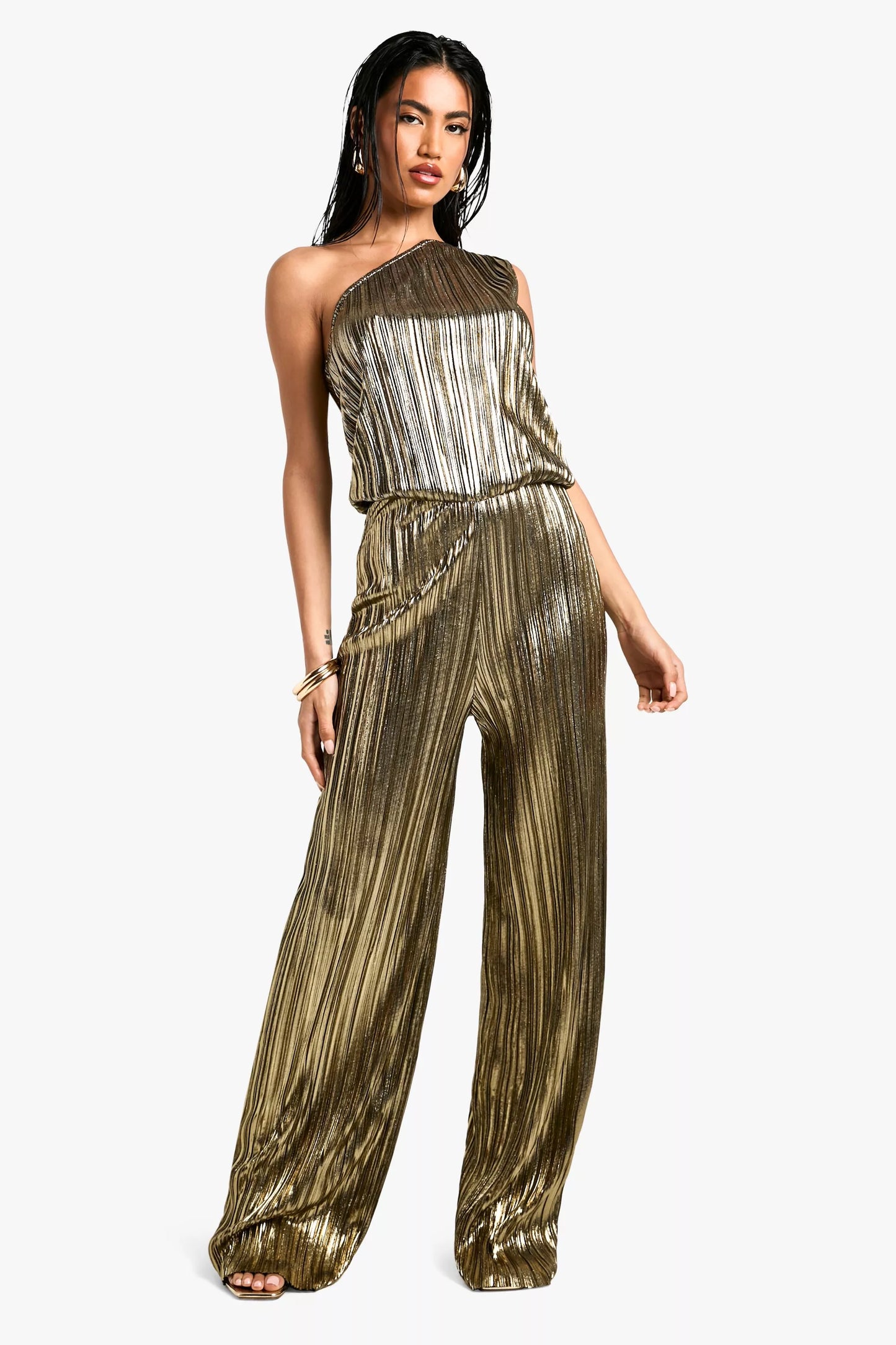 Metallic Plisse Asymmetric Jumpsuit