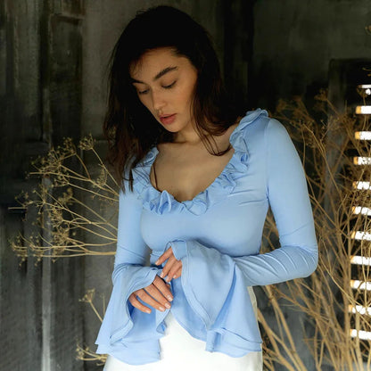 ELEGANT FRILL RUFFLE DETAIL FLARE SLEEVE TOP