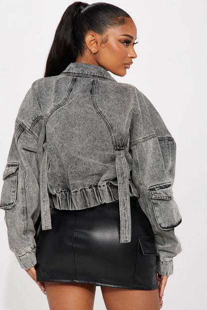 Heart Still Beating Denim Utility Jacket - Acid Wash Black