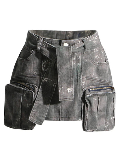 PATCHWORK LACE UP DENIM SKIRT
