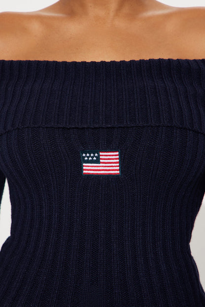 Patriotic Off Shoulder Sweater - Navy