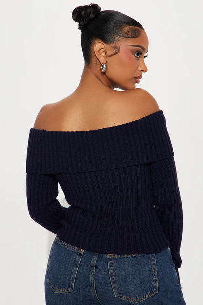 Patriotic Off Shoulder Sweater - Navy