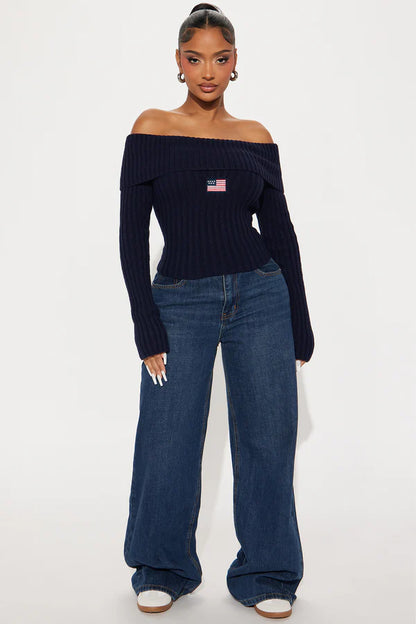 Patriotic Off Shoulder Sweater - Navy