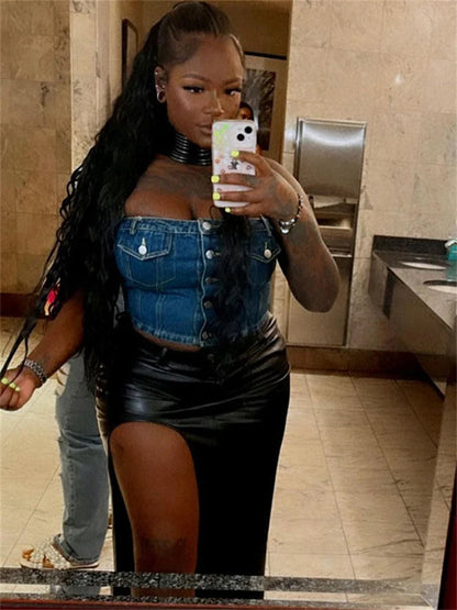 SLEEK CYBER Y2K HIGH-SPLIT LEATHER SKIRT