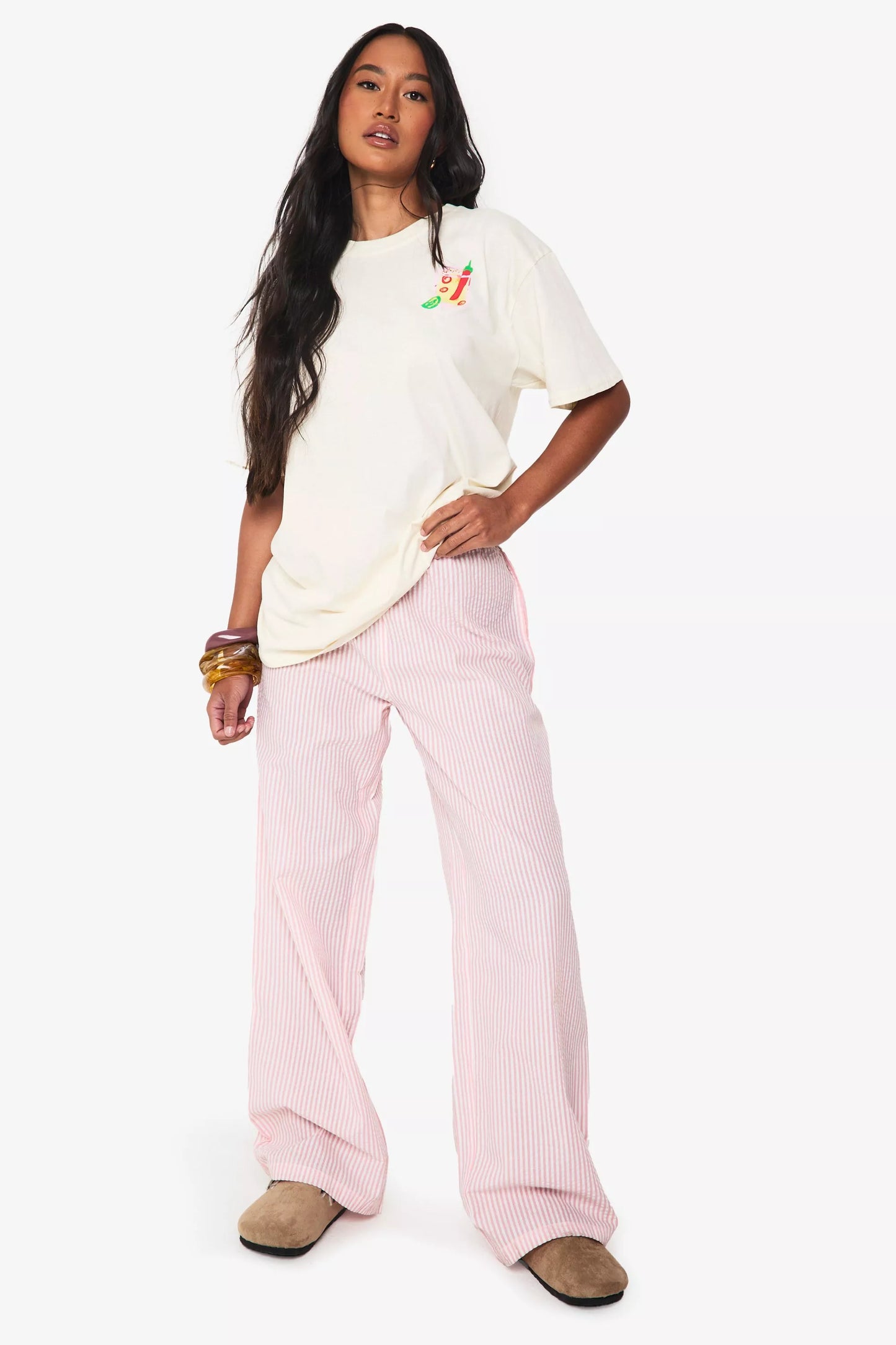 Seersucker Stripe Drawstring Wide Leg Trousers