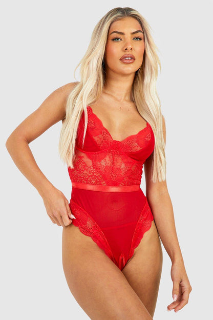 Crotchless Lace And Mesh Bodysuit