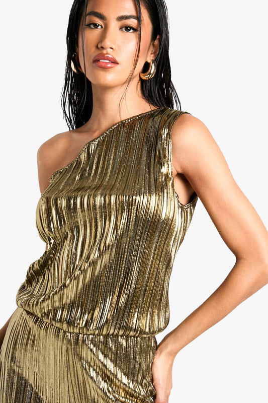 Metallic Plisse Asymmetric Jumpsuit