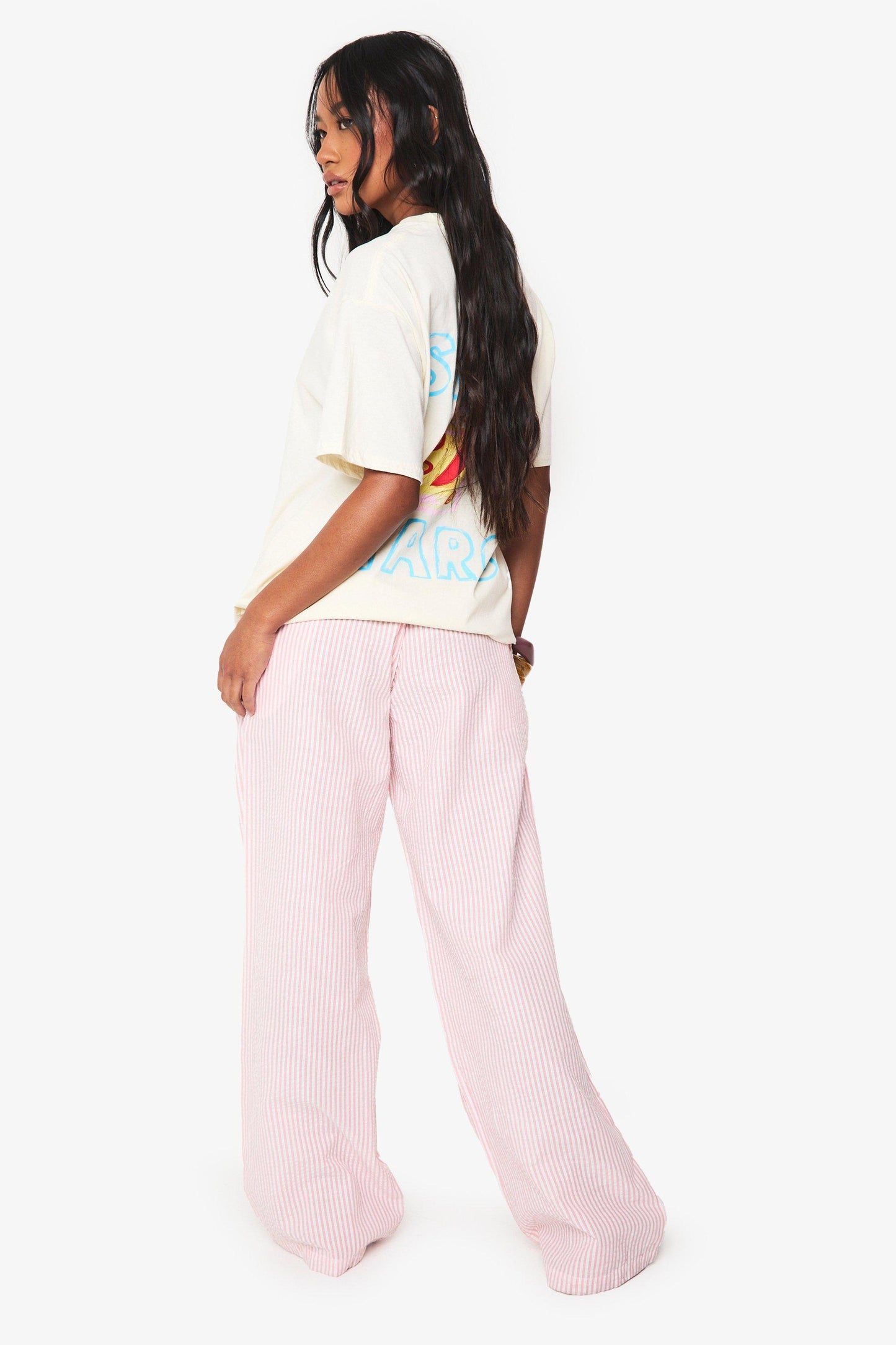 Seersucker Stripe Drawstring Wide Leg Trousers