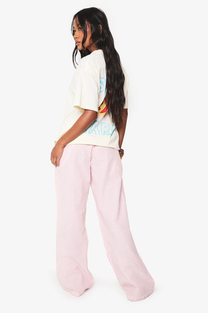 Seersucker Stripe Drawstring Wide Leg Trousers