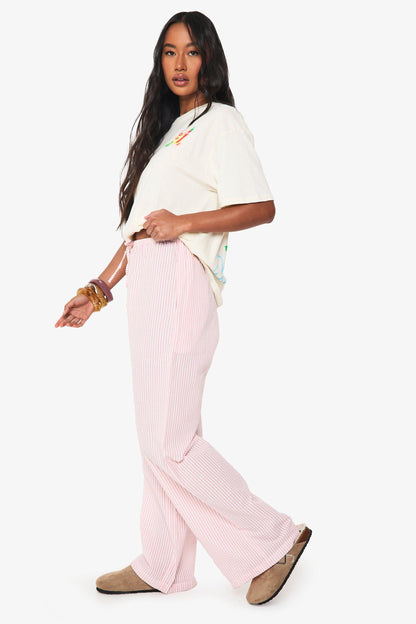 Seersucker Stripe Drawstring Wide Leg Trousers