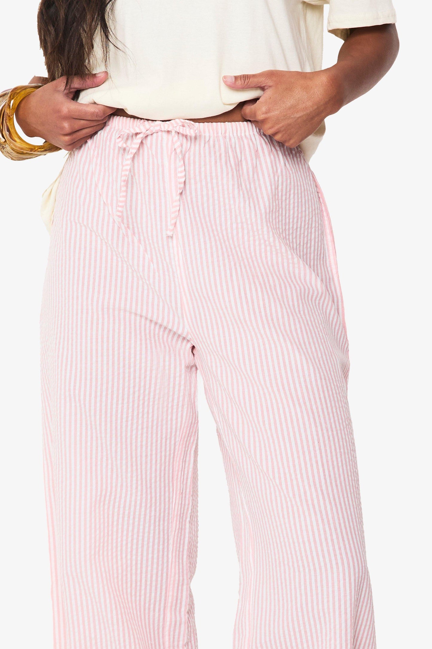 Seersucker Stripe Drawstring Wide Leg Trousers