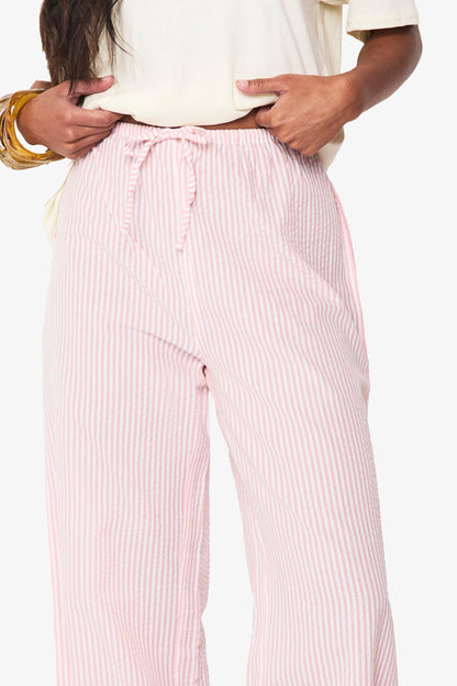 Seersucker Stripe Drawstring Wide Leg Trousers